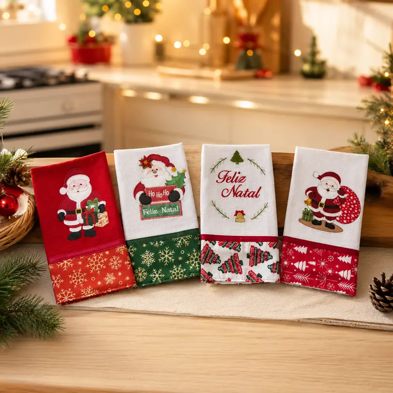 Kit com 4 panos de prato bordados de Natal
