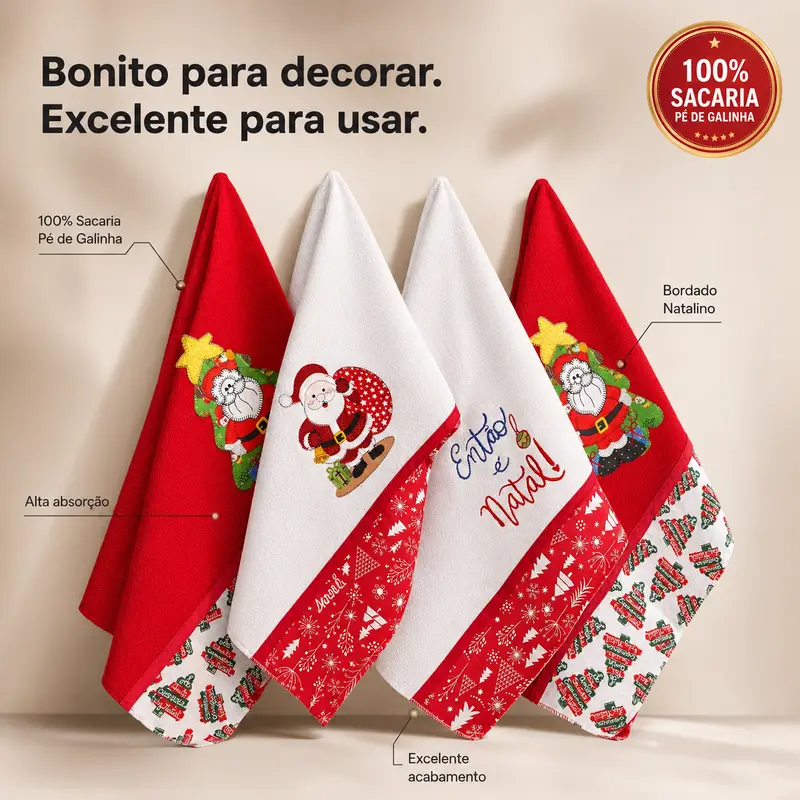 Panos de prato natalinos mostrando bordado e acabamento